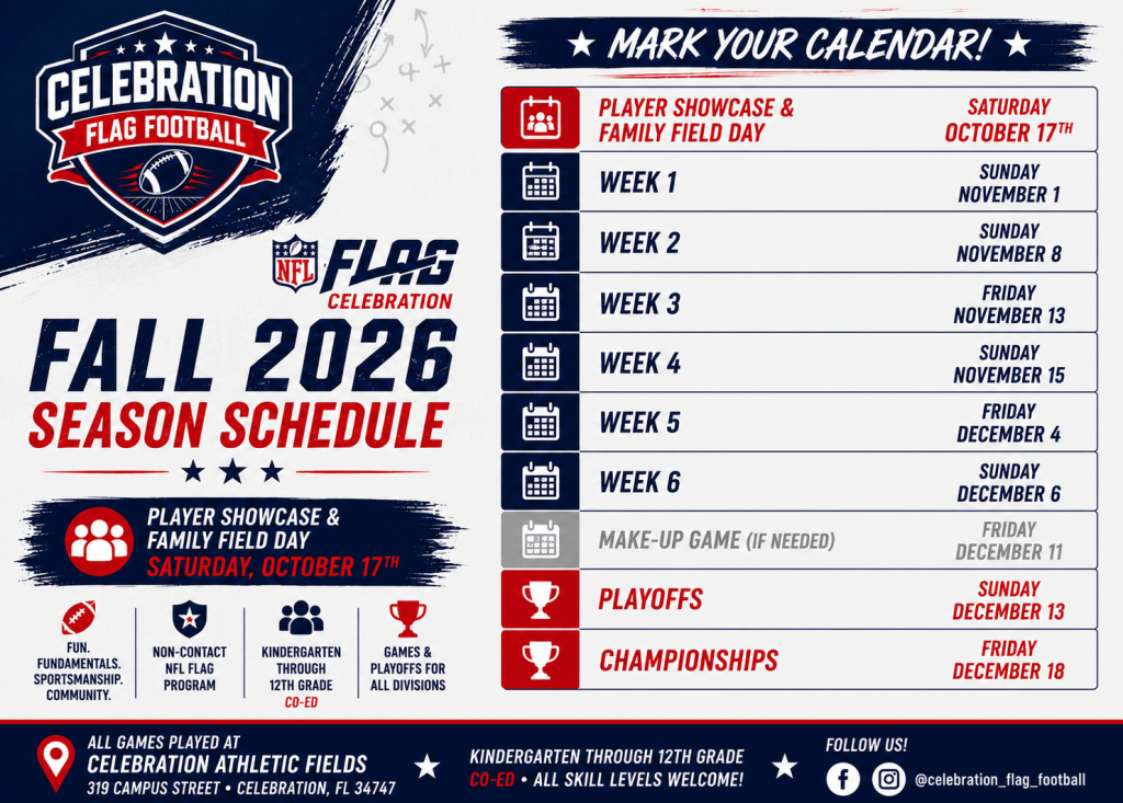 Fall 2026 Celebration Flag Football season schedule